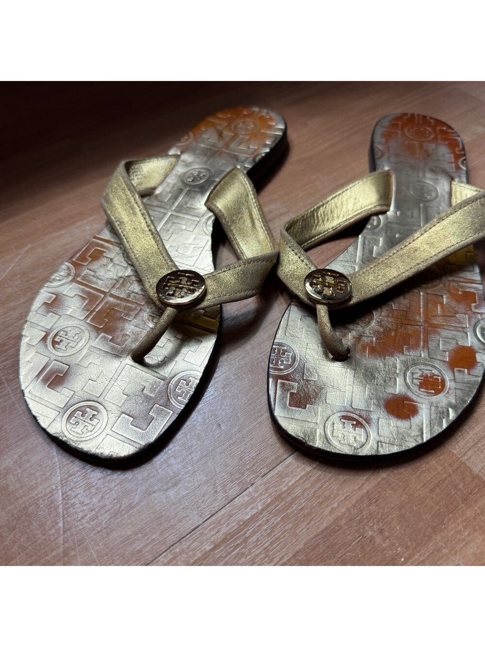 Tory Burch thora flat thong gold leather sandals size 8 - Picture 2 of 8